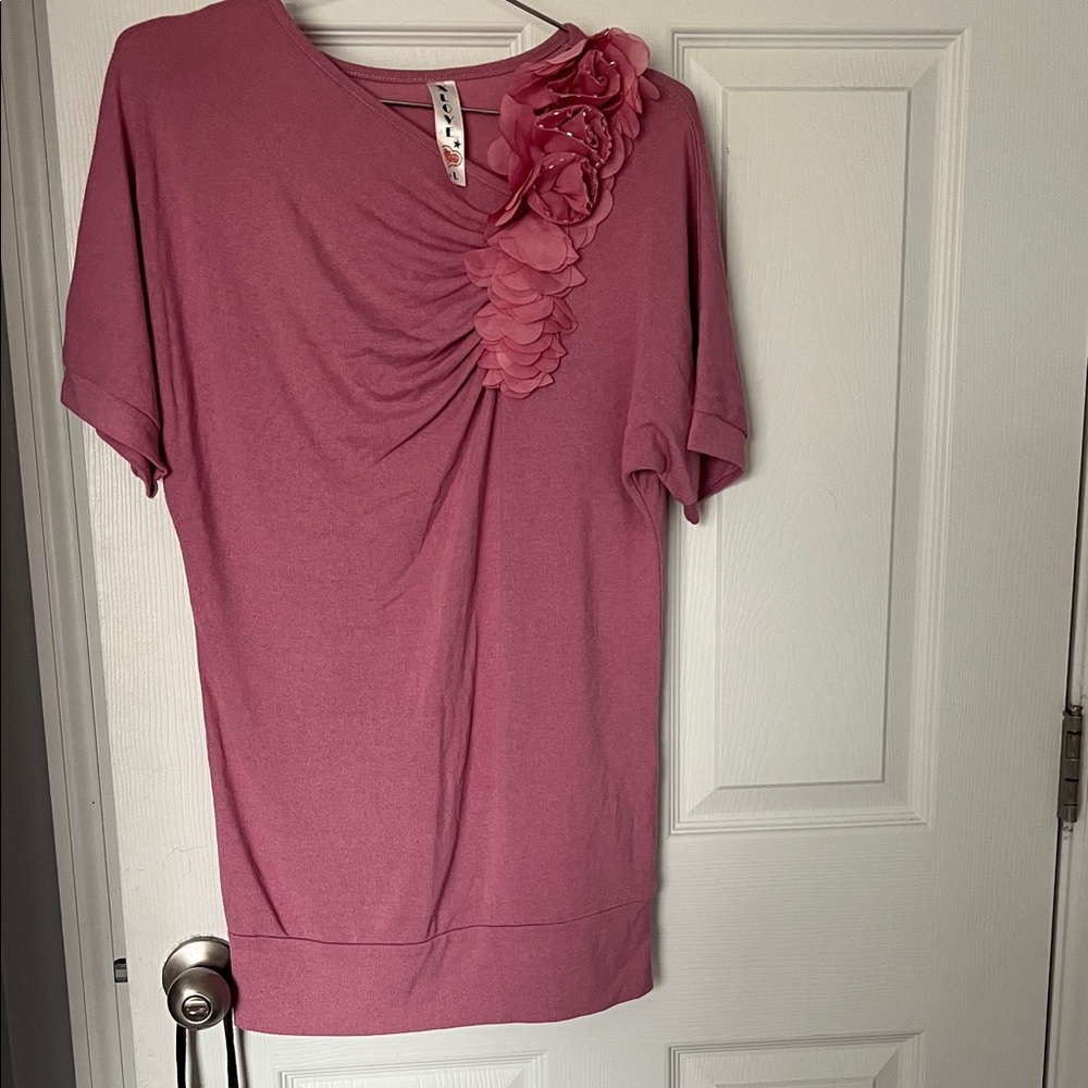 Fever Pink Short Sleeve Top with Floral Detail